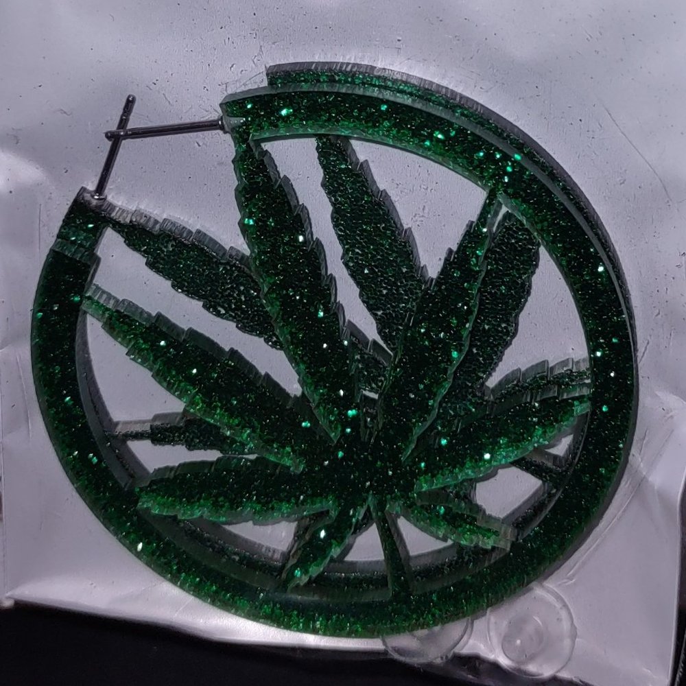 Earrings - large green sparkly hoops with green leaves
